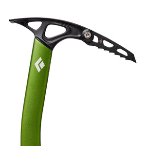 Black Diamond ice axe head with green shaft and black pick