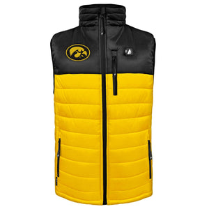 Iowa Hawkeyes black and yellow heated puffer vest with front zipper and chest logo