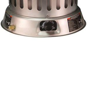Close up of a silver propane heater base with a black control knob and gas inlet valve