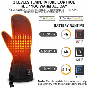 Heated mitten showing three temperature settings and battery runtime specifications