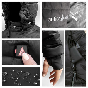 ActionHeat jacket details including hood, logo, power button, sleeve cuff, battery pack, and water resistant fabric