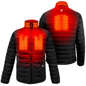 Gerbing heated jacket showing front and back views with glowing red heating elements