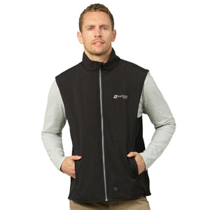 Man wearing a black Venture Heat softshell vest over a grey long sleeve shirt