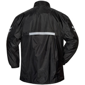 Back view of a black waterproof rain jacket with reflective strips on the sleeves and back