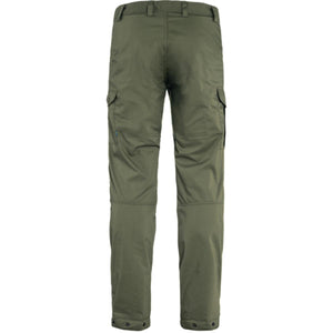 Back view of olive green FjallRaven cargo trousers with side pockets