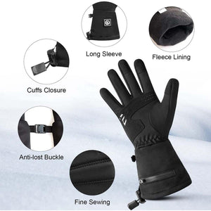 Black winter glove features with long sleeve, fleece lining, cuff closure, anti-lost buckle, and fine sewing details