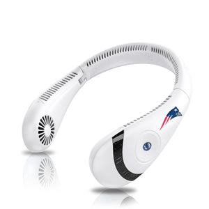 White wearable neck fan with New England Patriots logo