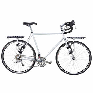 Silver touring bicycle with front and rear racks and drop handlebars