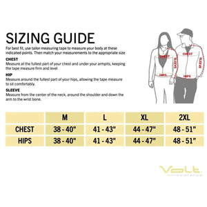 Volt Heat sizing guide chart with measurement instructions for chest hips and sleeve