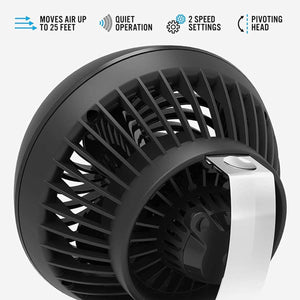 Vornado black air circulator fan with features listed including air movement range quiet operation and speed settings