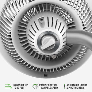 Vornado fan control dial with text highlighting air circulation range variable speed and adjustable height features