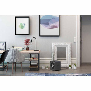 Grey square space heater on floor in home office