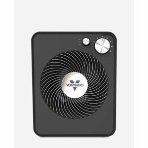 Black Vornado space heater with silver control dials and circular front grille