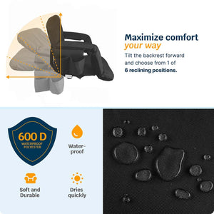 Alpcour stadium seat showing six reclining positions and waterproof 600D polyester fabric features