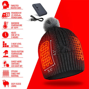 ActionHeat cable knit beanie with fleece lining and integrated heating elements shown with power bank and features list