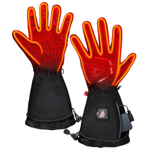 Pair of red and black heated gloves with visible heating elements and battery pack