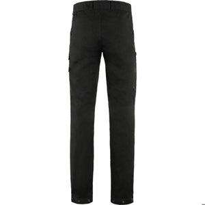 Back view of black work trousers with side pockets and buttoned cuffs