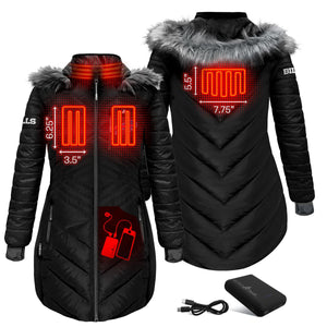 ActionHeat black heated parka showing heating element locations and battery pack