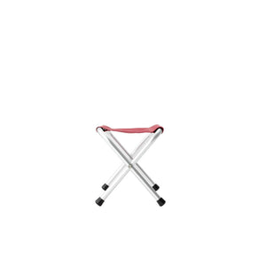 Small folding stool with red fabric seat and silver metal frame