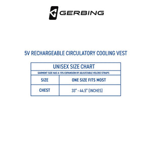 Gerbing 5V rechargeable cooling vest unisex size chart showing one size fits most for chest sizes 33 to 44.5 inches