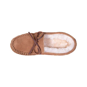 Cloud Nine Sheepskin tan suede moccasin slipper with white wool lining and leather lace tie