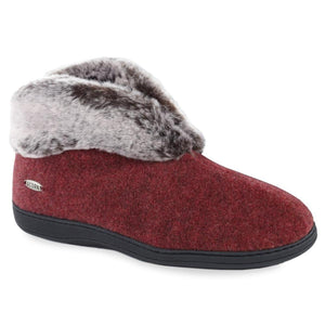 Acorn red felt slipper with faux fur cuff and black sole