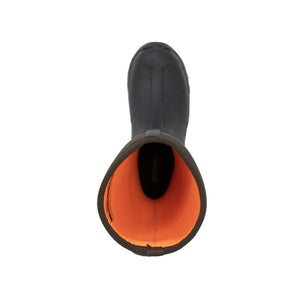 Top view of Dryshod boot with black exterior and bright orange interior lining