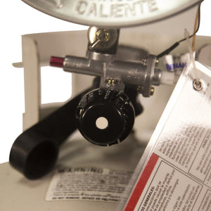 Close up of a propane heater control valve and adjustment knob