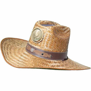 Straw cowboy hat with a brown leather band and a small solar fan on the side