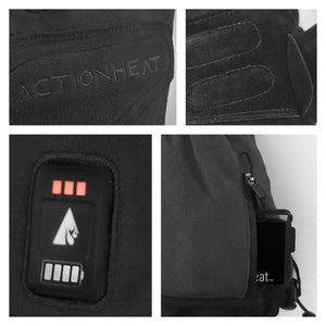 ActionHeat heated gloves showing branding, battery indicator, and battery compartment
