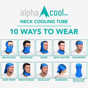 Alpha Cool neck cooling tube showing 10 different ways to wear the blue fabric accessory