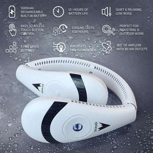 Alphacool neck fan with 5000mAh battery 12 hour life 3 speed settings and bladeless 360 degree airflow technology
