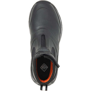 Top view of a black Muck ankle boot with orange interior lining