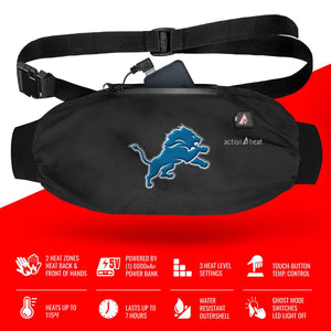 ActionHeat Detroit Lions heated hand warmer pouch with power bank and feature list