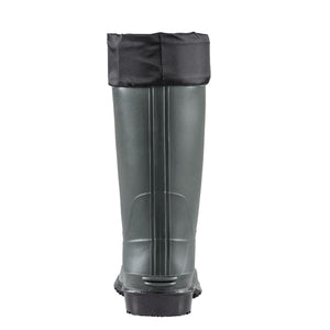 Olive green rubber boot with black fabric cuff