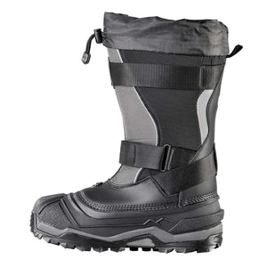 Black and grey insulated winter boot with adjustable straps and drawstring cuff