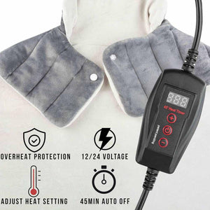 Grey heated neck wrap with digital controller showing heat settings and safety features