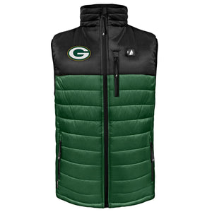 Green Bay Packers black and green puffer vest with front zipper and team logo