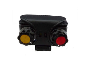 Black leather pouch with one yellow and one red control knob