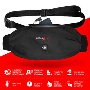 ActionHeat black heated waist muff with power bank and feature list