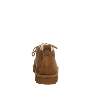 Rear view of brown suede Bearpaw ankle boot with shearling lining