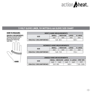ActionHeat glove size chart showing knuckle circumference measurements for men women and unisex sizing