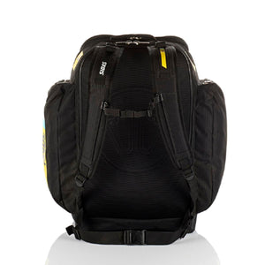 Back view of black Sidas backpack with padded shoulder straps and mesh back panel