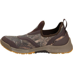 Muck slip on shoe with camouflage pattern and brown rubber sole