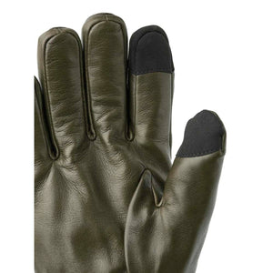 Hestra olive green leather glove with black touchscreen compatible fingertips