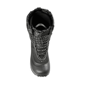 Top view of a black winter boot with a drawstring collar and lace up closure