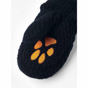 Hestra black textured mitten with orange embroidered paw print detail