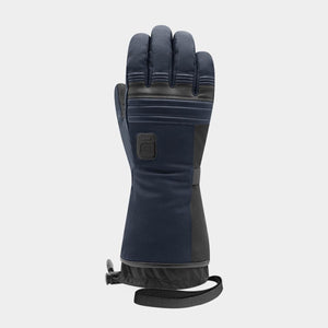 Navy blue heated winter glove with black leather accents and adjustable wrist strap