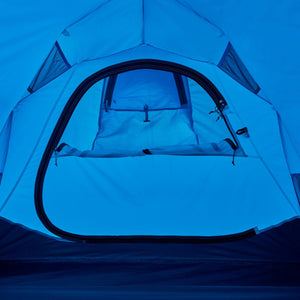 Interior view of a blue Black Diamond tent with zippered door and mesh ventilation panels