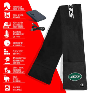 ActionHeat New York Jets heated fleece scarf with power bank and feature list